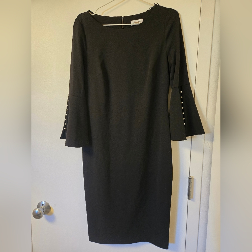 Calvin Klein Black Dress with Pearl Bell Sleeve